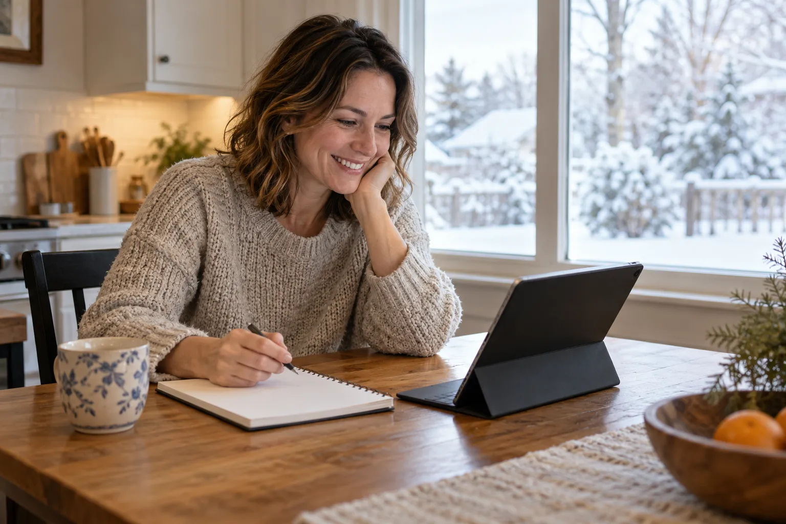Homeowner reading mold information at a kitchen table in the New York area